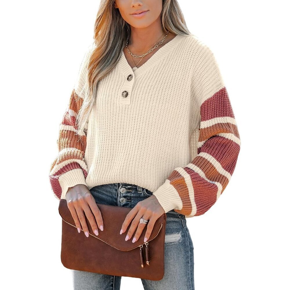 Womens Long Sleeve Knit Sweater V Neck Striped Button Oversized Casual Top